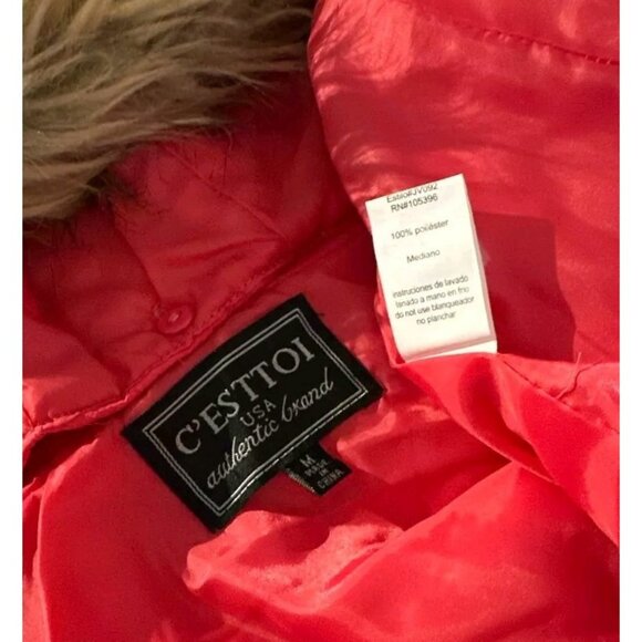 C'ESTTOI Womens Sz M Hooded Puffer Vest Detachable Faux Fur Hood Pink/Orange - Picture 4 of 7